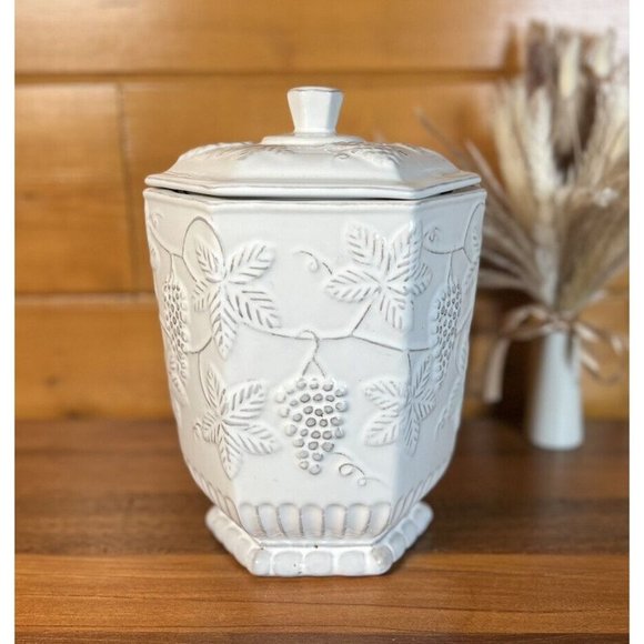 Pier 1 Imports Stoneware White Gray Cookie Jar Kitchen Canister 10"x7" - Picture 6 of 11